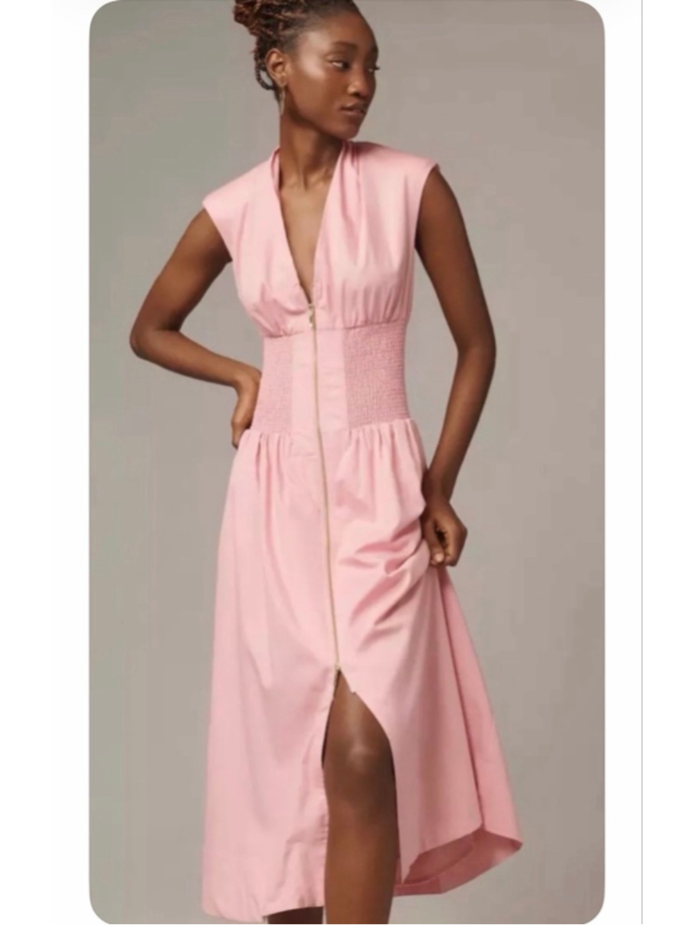 Anthropologie Maeve Tommie Cap-Sleeve Smocked Front-Zip Shirt Dress.